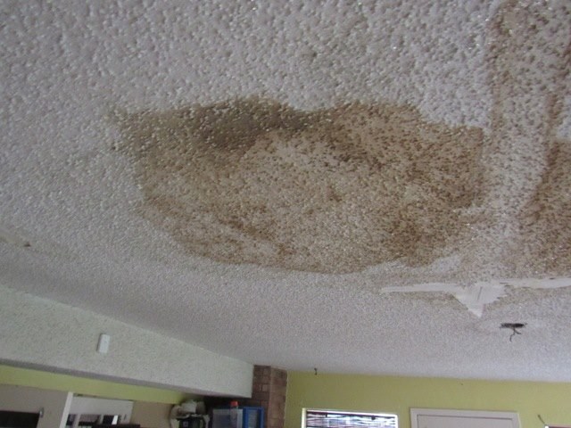 A water stain on a ceiling from a leaking roof.