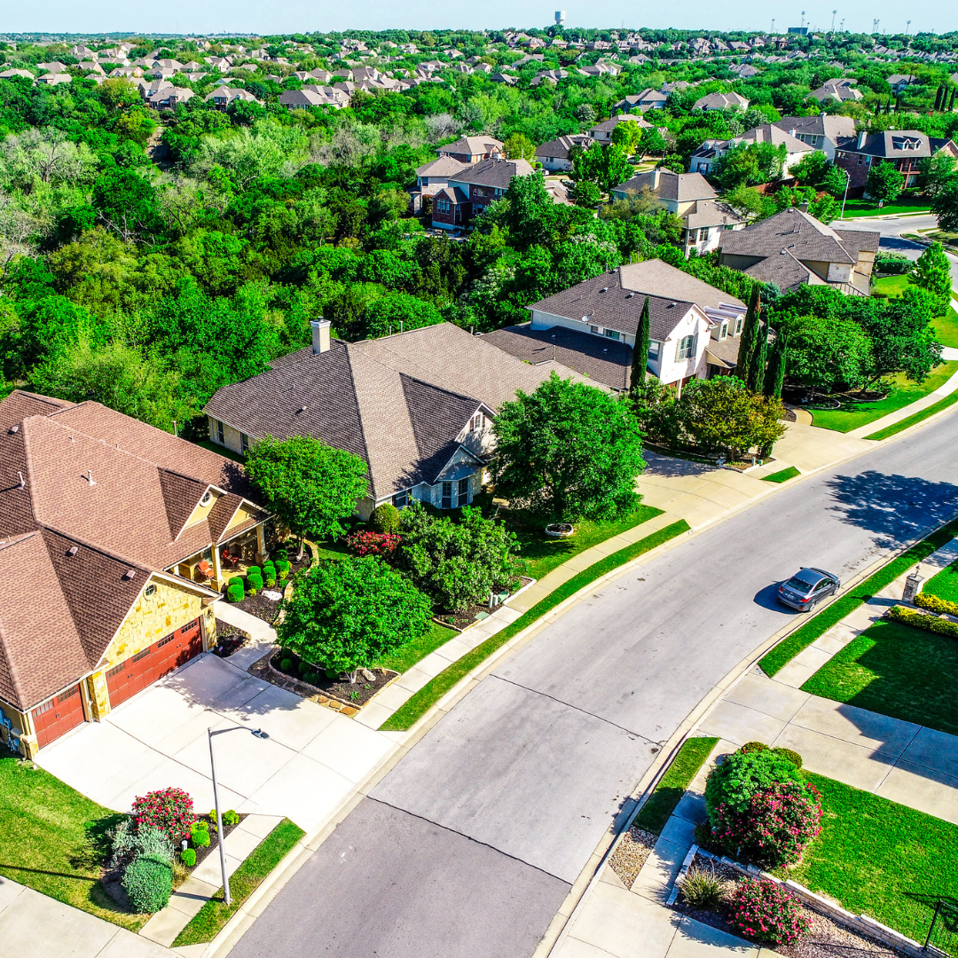 Aerial view of a residential neighborhood in Cedar Park, TX