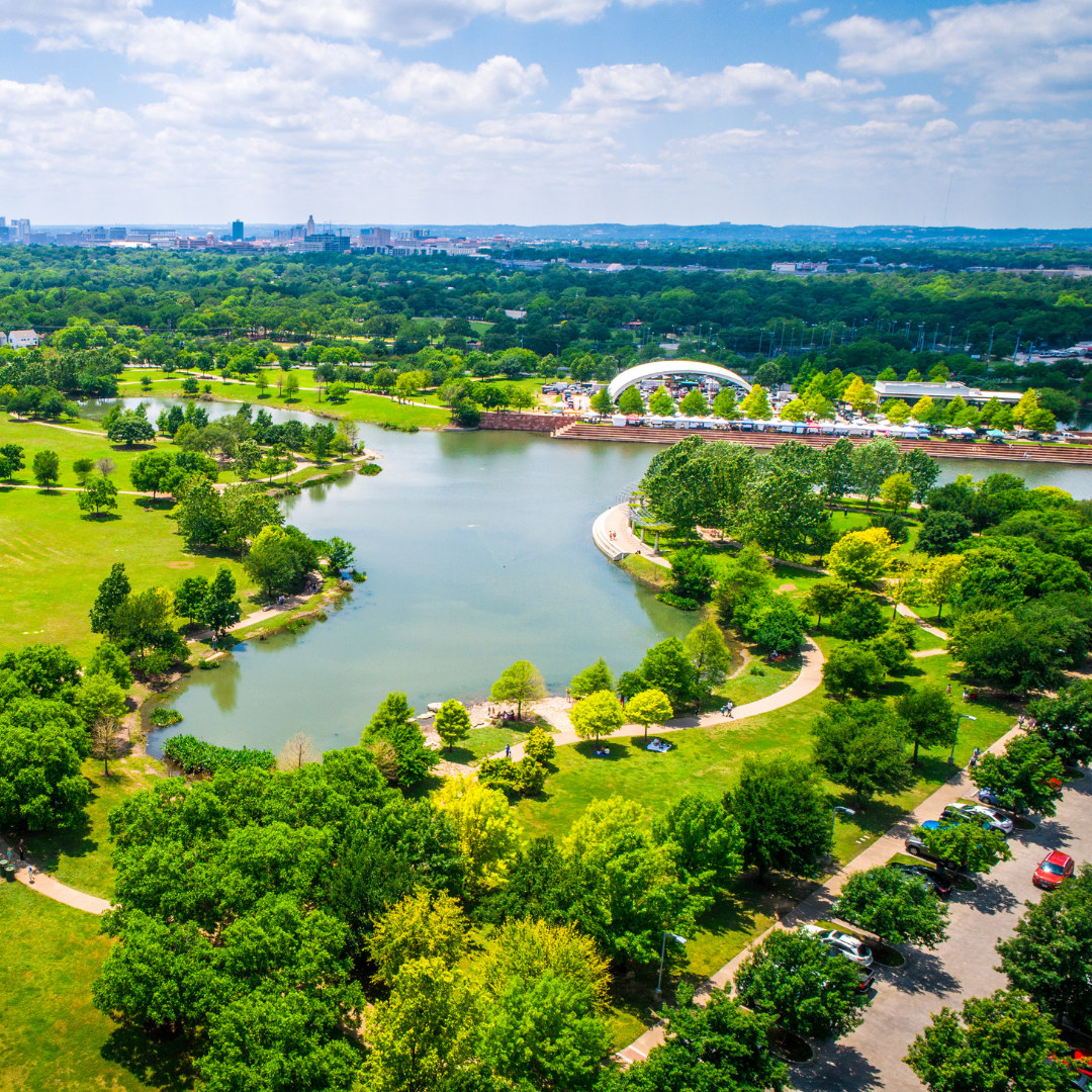 An aerial view of Mueller Lake Park in Austin, TX