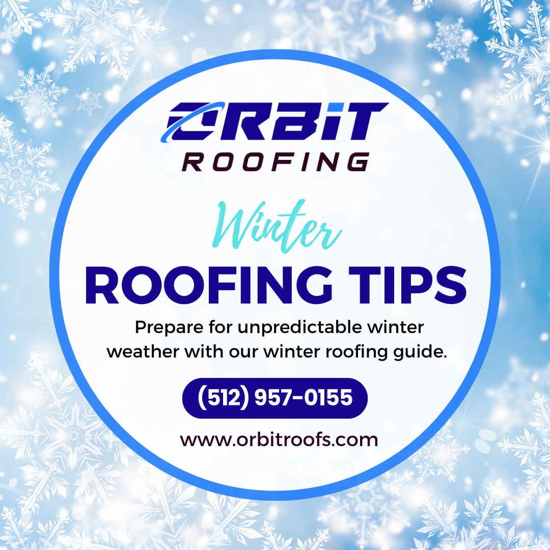 A winter season with contact information for Orbit Roofing