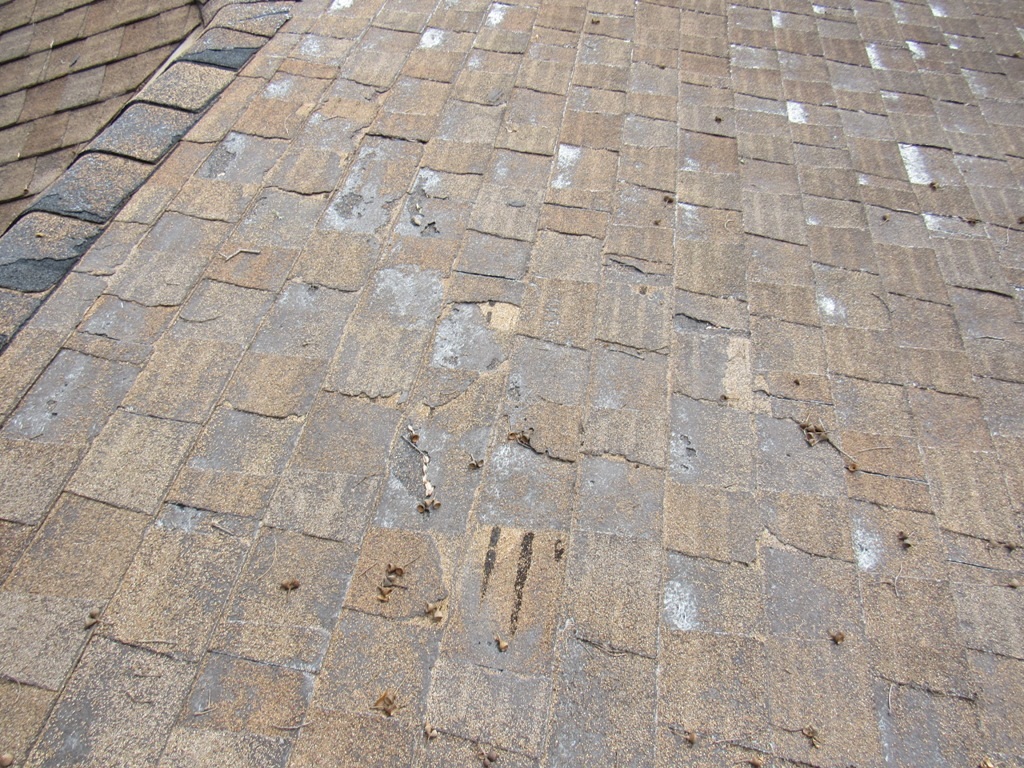 Closeup of a roof with lots of hail damage.